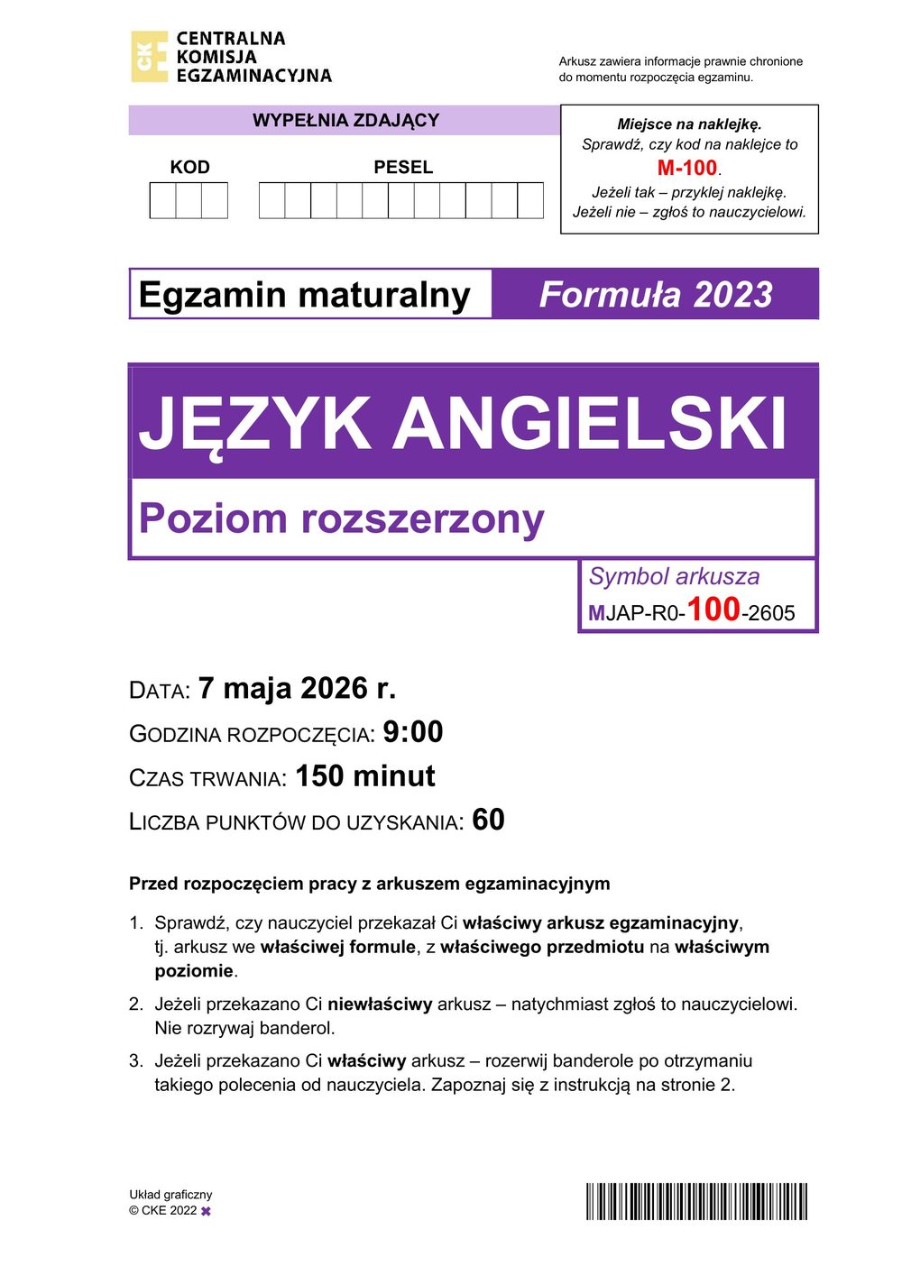 Arkusz CKE - Kurs maturalny z języka angielskiego rozszerzonego we Wrocławiu, pierwsza strona