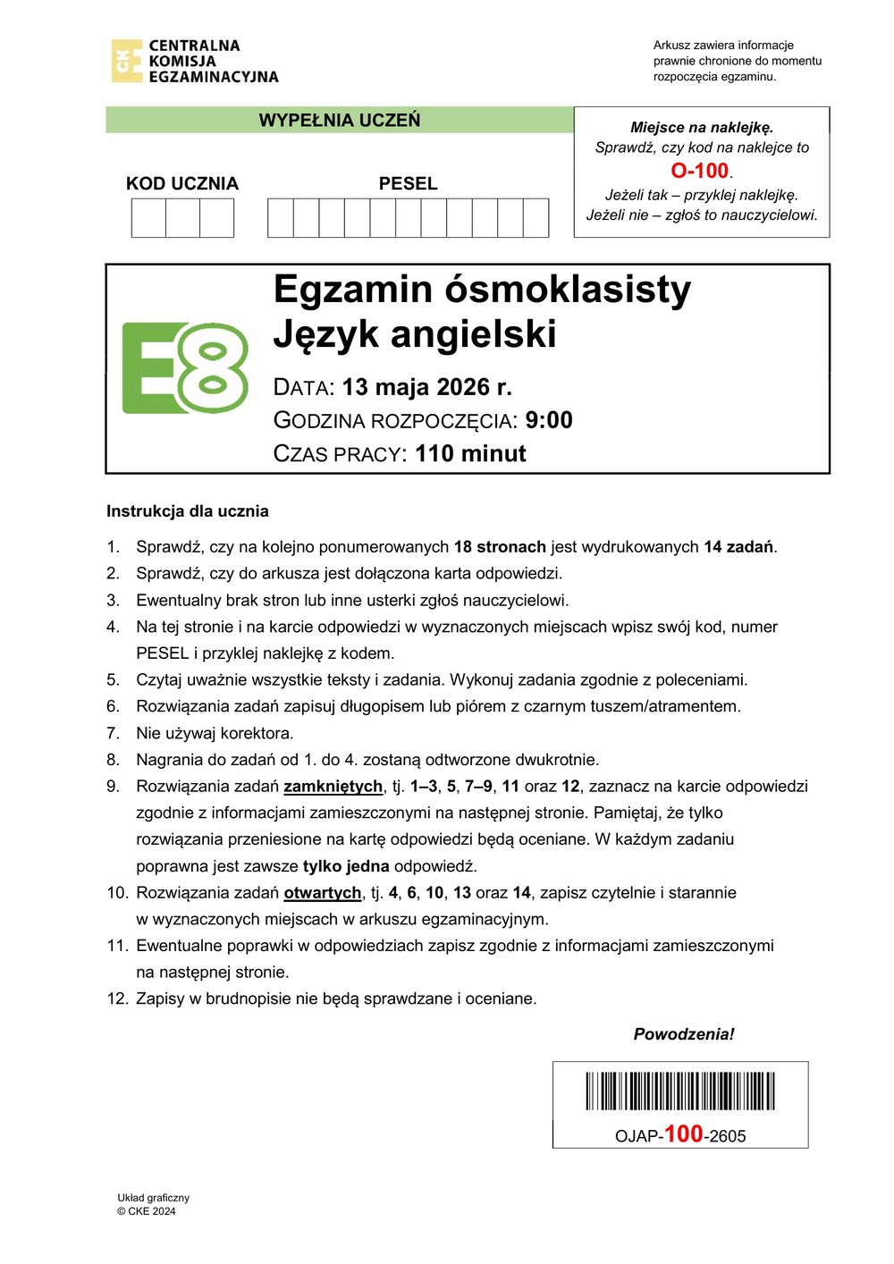 Arkusz CKE - Kurs do egzaminu ósmoklasisty z języka angielskiego we Wrocławiu, pierwsza strona