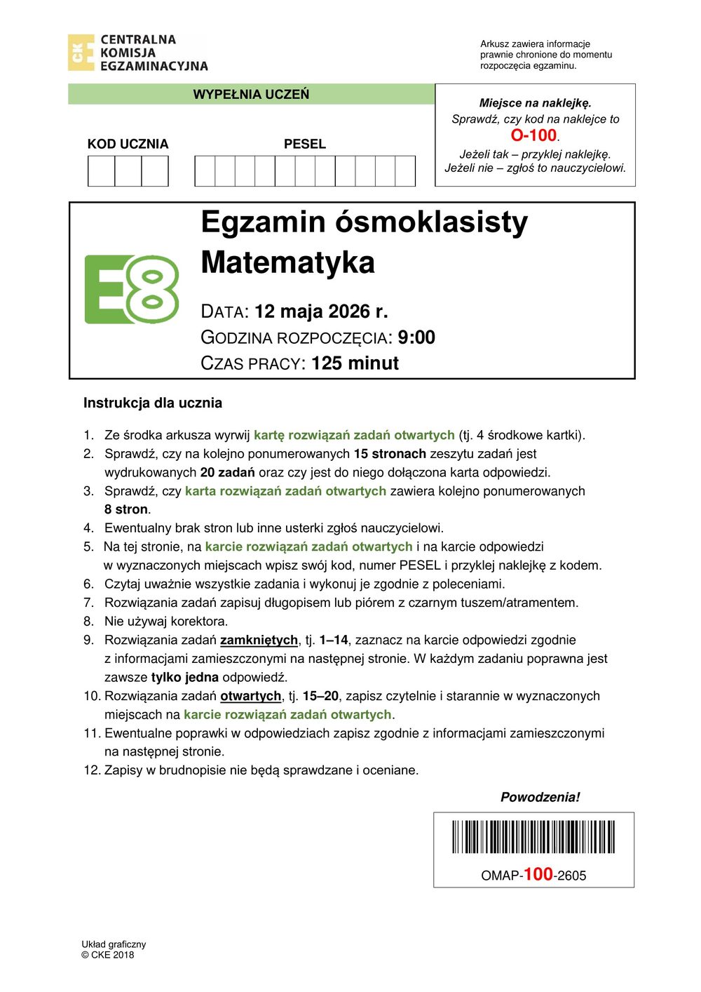 Arkusz CKE - Kurs do egzaminu ósmoklasisty z matematyki we Wrocławiu, pierwsza strona
