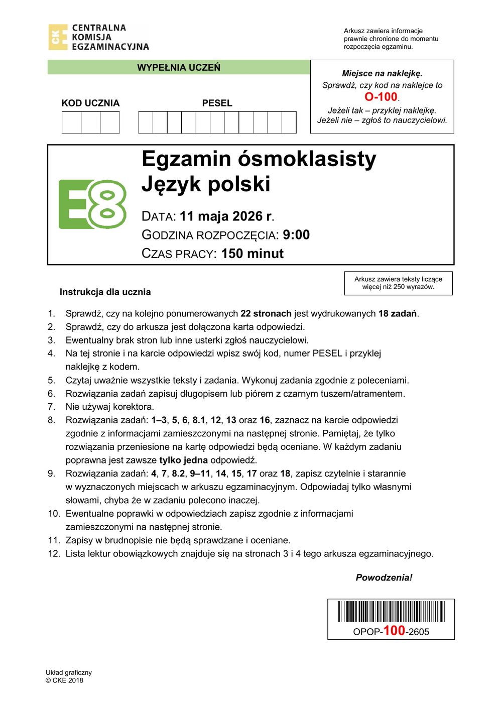 Arkusz CKE - Kurs do egzaminu ósmoklasisty z języka polskiego we Wrocławiu, pierwsza strona
