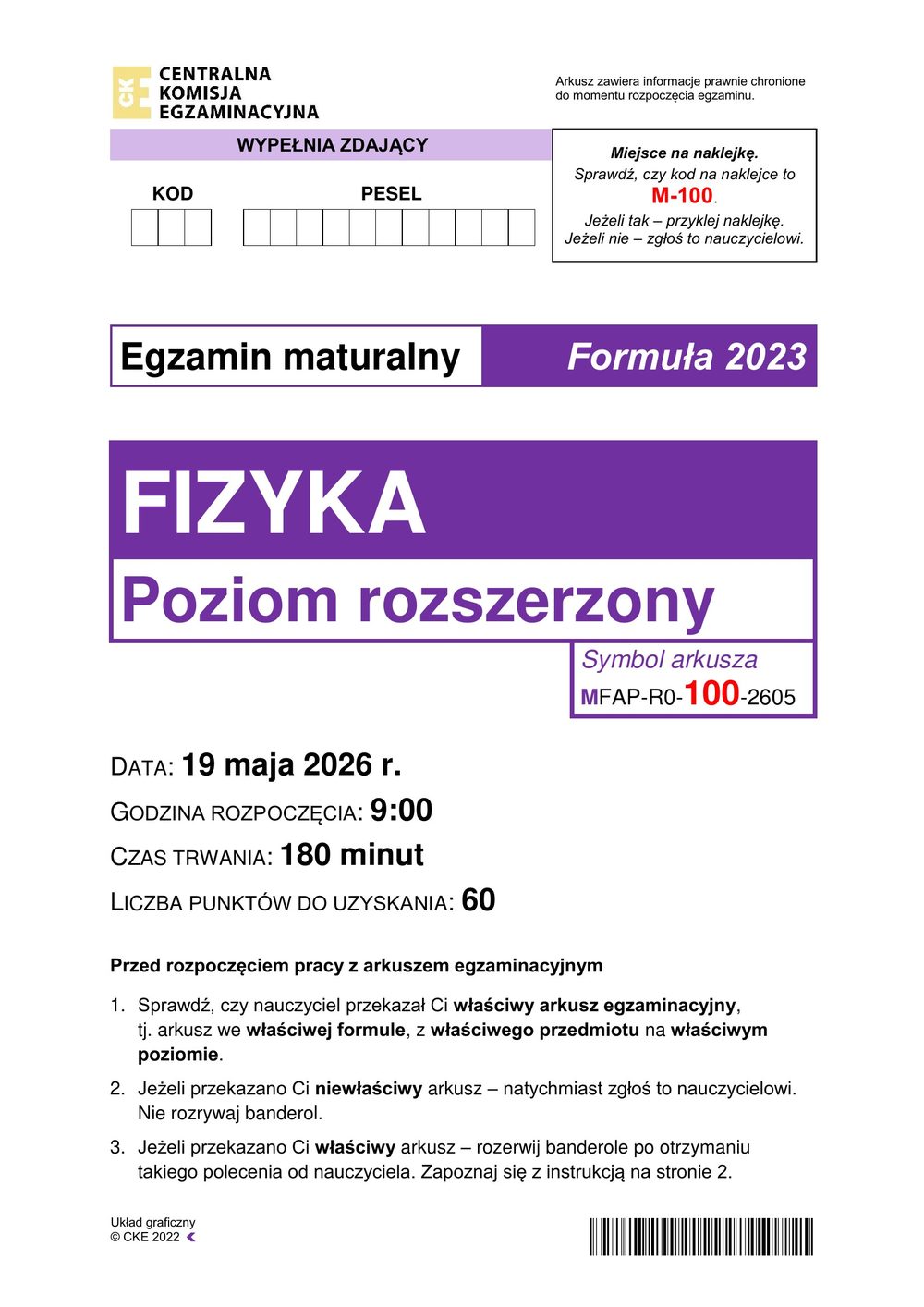 Arkusz CKE - Kurs maturalny z fizyki we Wrocławiu, pierwsza strona