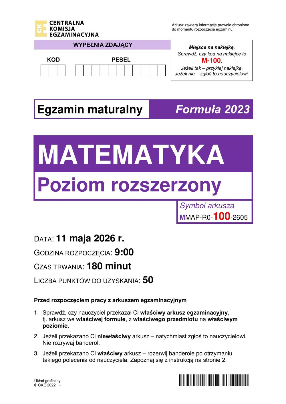 Arkusz CKE - Kurs maturalny z matematyki rozszerzonej we Wrocławiu, pierwsza strona