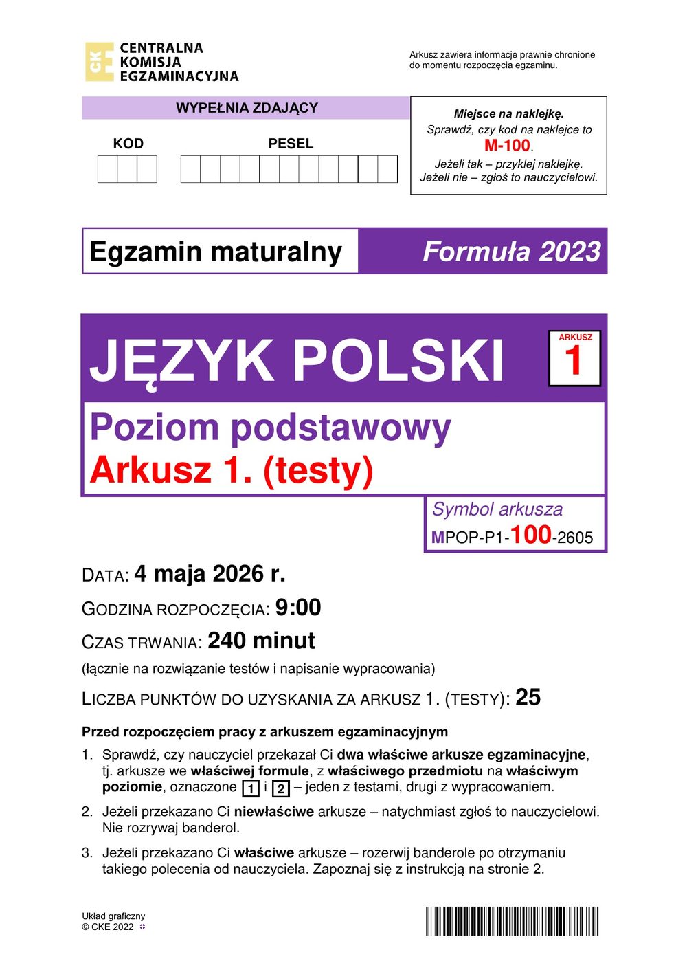 Arkusz CKE - Kurs maturalny z języka polskiego we Wrocławiu, pierwsza strona