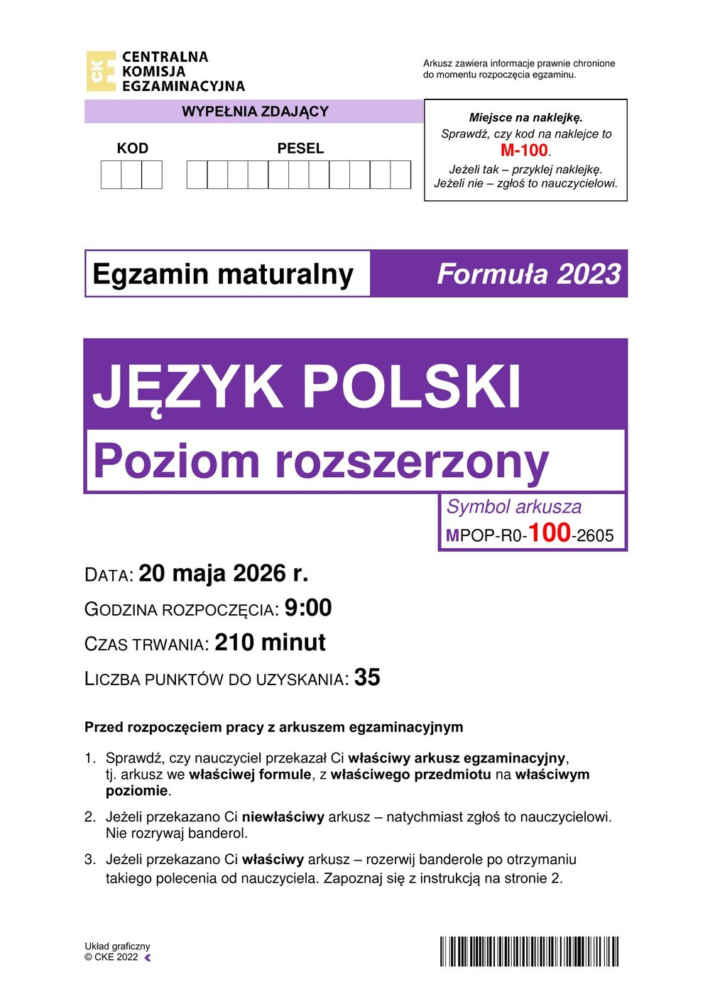Arkusz CKE - Kurs maturalny z języka polskiego rozszerzonego we Wrocławiu, pierwsza strona