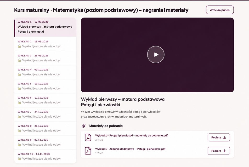 Platforma Korepetytujemy.pl - lista wykładów i odtwarzacz nagrania