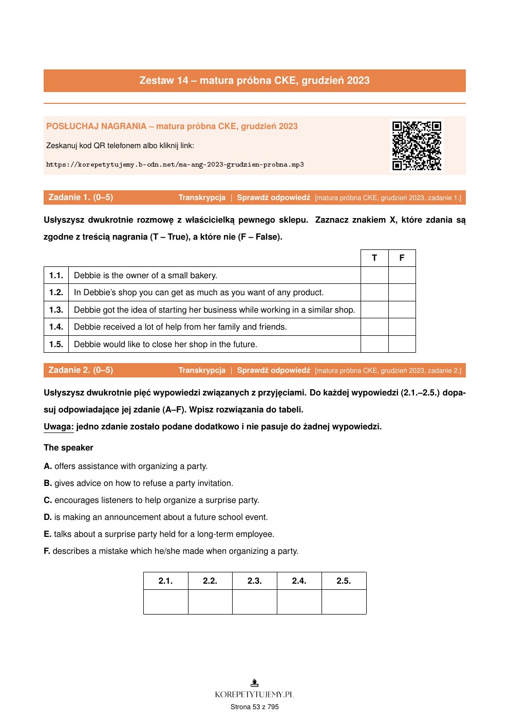 Strona 53 zbioru - zadanie 1 z odnośnikiem Sprawdź odpowiedź i kodem QR do nagrania, matura z angielskiego