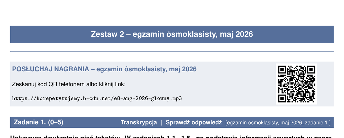 Kod QR z nagraniem do zestawu słuchowego - zbiór zadań CKE z angielskiego