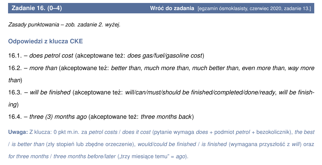 Odpowiedzi z klucza CKE do zadania 16 wraz z uwagą, za co klucz nie przyznaje punktów