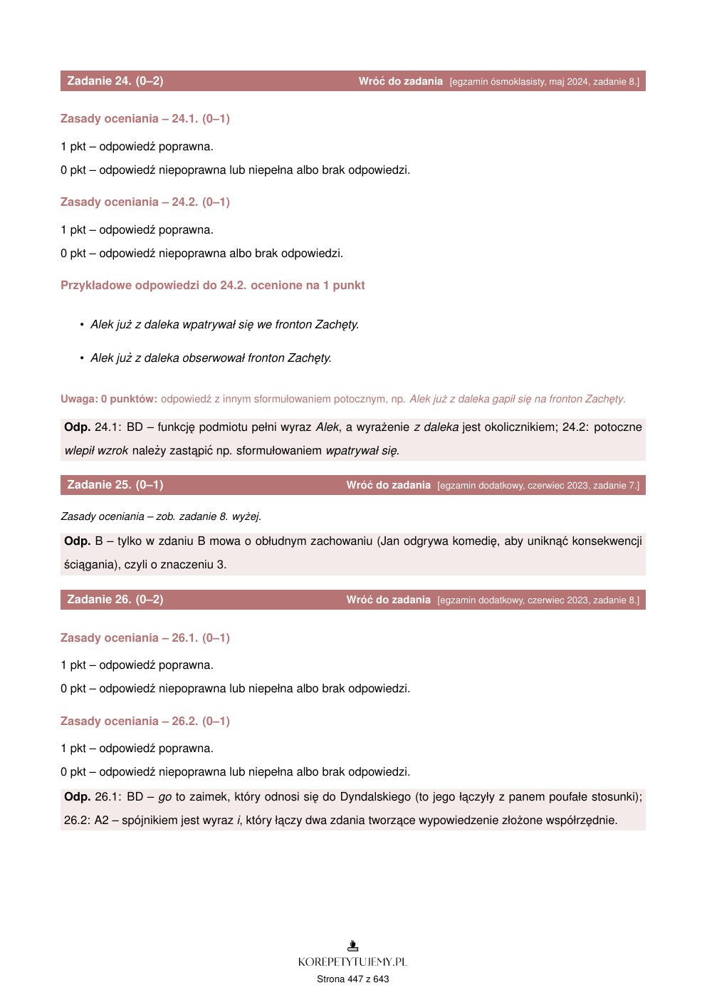 Strona 447 zbioru - odpowiedź i zasady oceniania zadania 24 z odnośnikiem Wróć do zadania