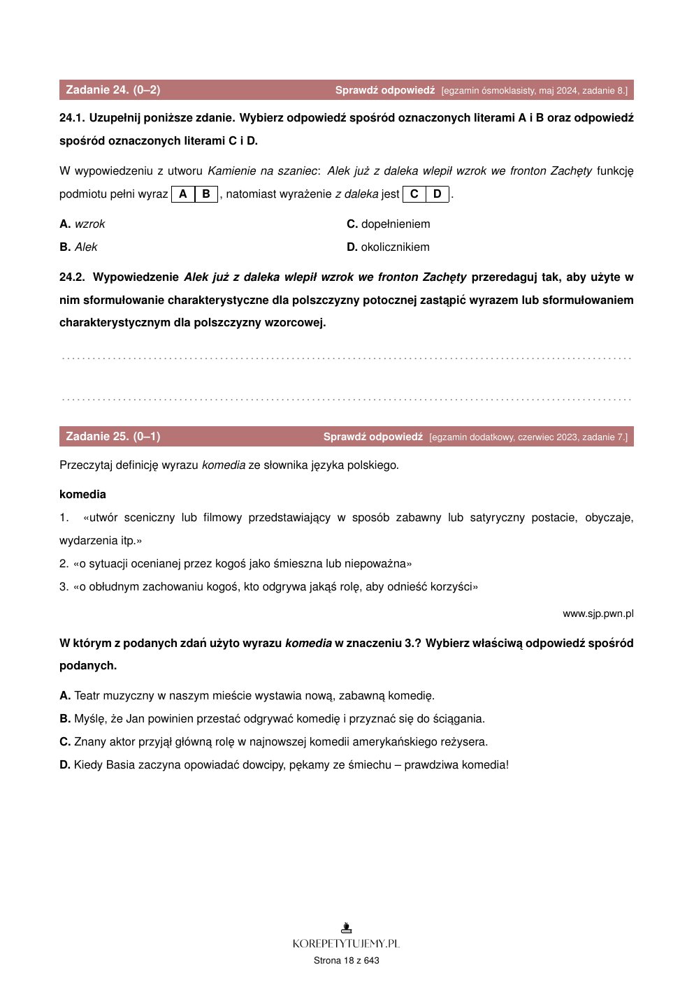 Strona 18 zbioru - zadanie 24 z odnośnikiem Sprawdź odpowiedź, egzamin ósmoklasisty z języka polskiego