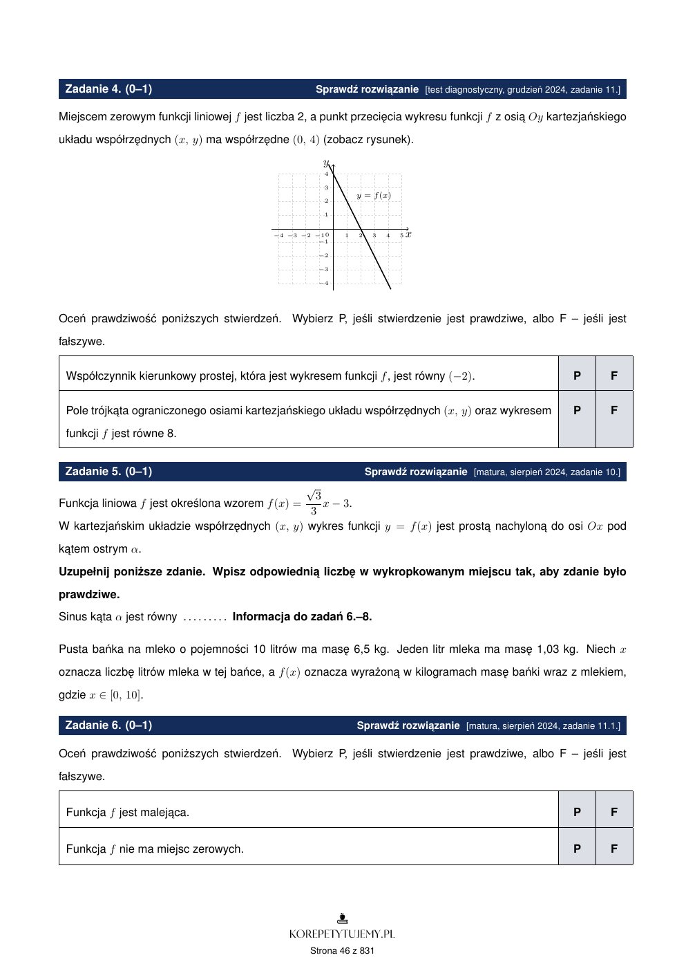Strona 46 zbioru - zadanie 4 z odnośnikiem Sprawdź rozwiązanie, matura z matematyki poziom podstawowy