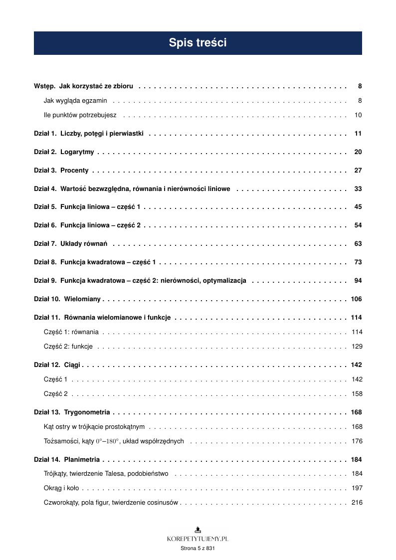 Spis treści zbioru zadań maturalnych z matematyki - 21 działów