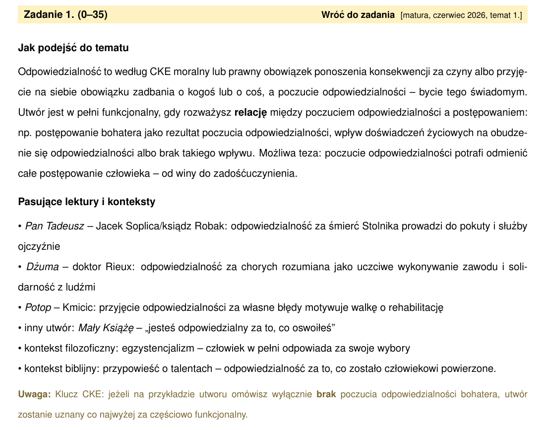 Wskazówki do wypracowania maturalnego - jak podejść do tematu, pasujące lektury i konteksty oraz uwaga z klucza CKE